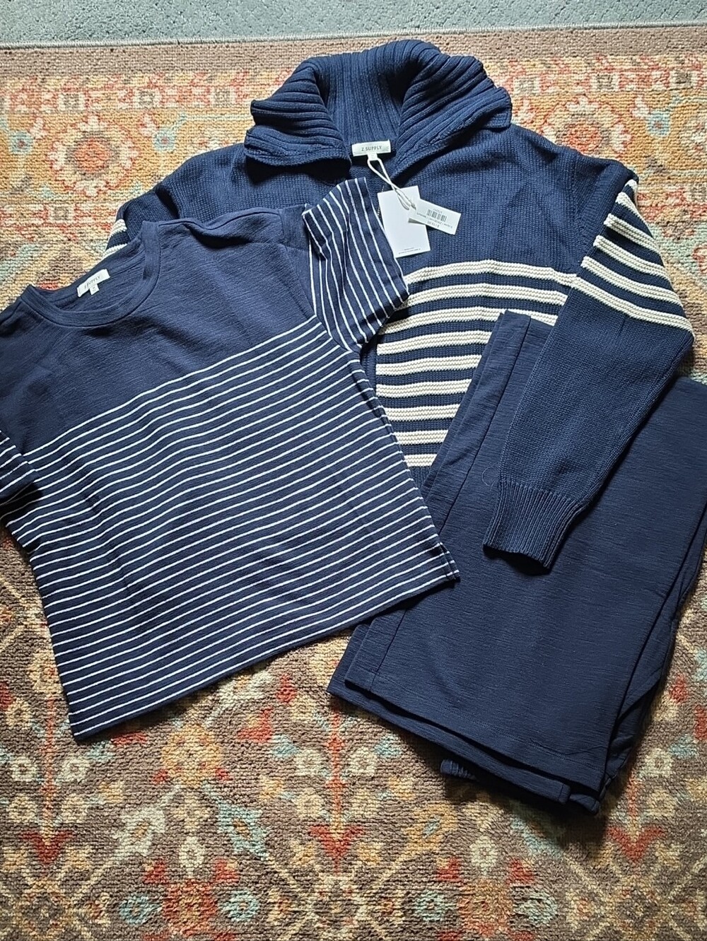 Z Supply Womens Navy Striped Knit Set - Top & Sweater Pant Set Medium 1